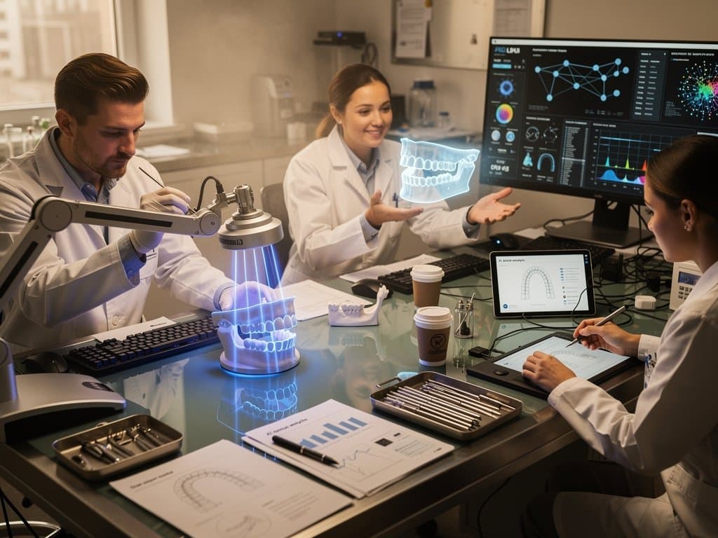 Laboratório de IA odontológica com projeção 3D de sorriso, scanners e visualizações de redes neurais em monitores high-tech