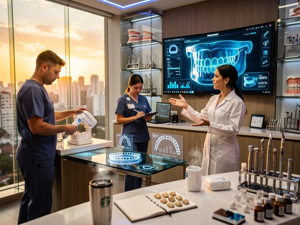 Clínica odontológica em SP com tela 3D de dentes IA, scanner e simulações de sorriso sob luzes LED, estilo high-tech brasileiro.