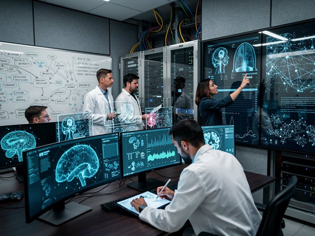 Laboratório de IA em healthcare com scans 3D em monitores, dados anonimizados em touchscreens e cotações crypto