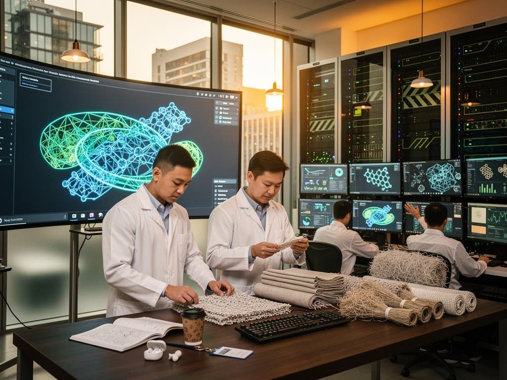 Laboratório high-tech com simulações 3D de tecidos projetados por IA em telas curvas e amostras de materiais sustentáveis