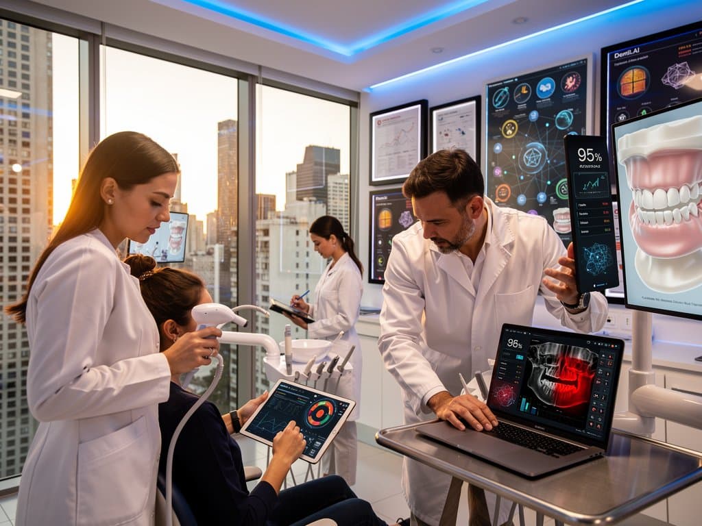 Clínica odontológica high-tech com análises IA de raios-X e designs de sorriso 3D em telas modernas