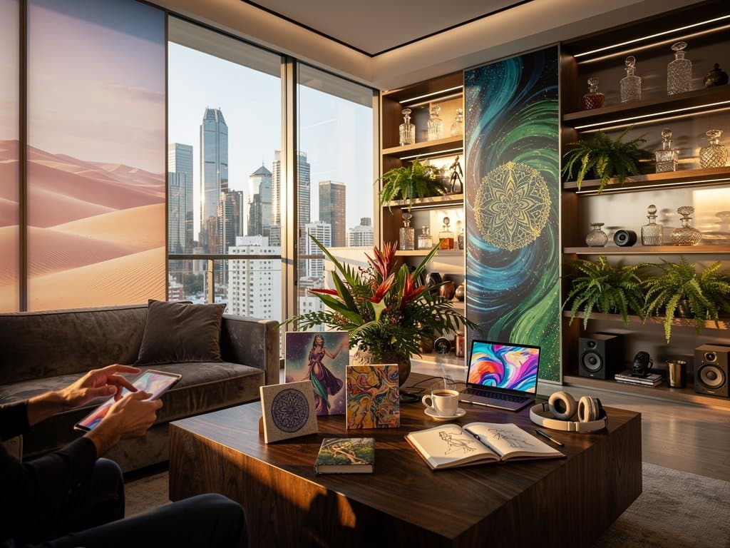 Murais IA em loft brasileiro: decor wellness com paisagens abstratas e tons tropicais