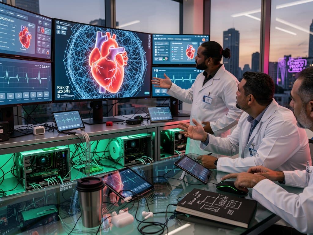 Laboratório high-tech com modelos 3D de corações e overlays de IA para insuficiência cardíaca em monitores