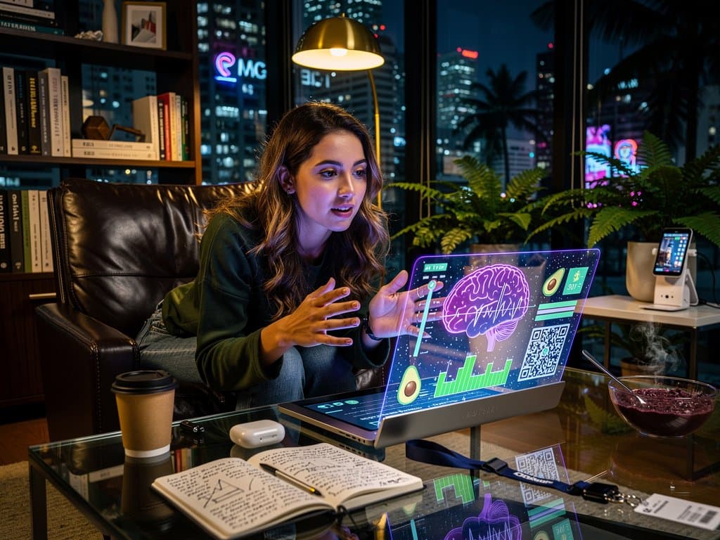 Mulher brasileira interagindo com interface holográfica de IA na psicoterapia, gráficos de humor e bem-estar mental em tons calmantes