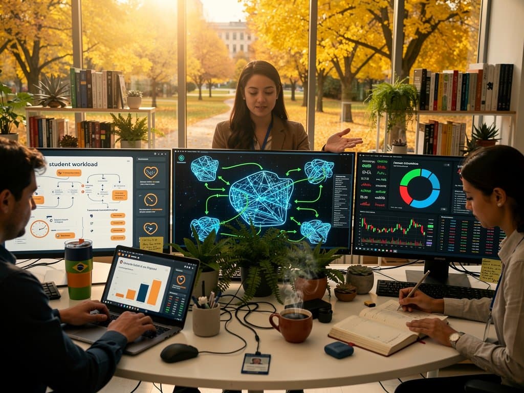Laboratório universitário com telas de sistema híbrido de IA exibindo diagramas de auto-regulação e métricas de bem-estar