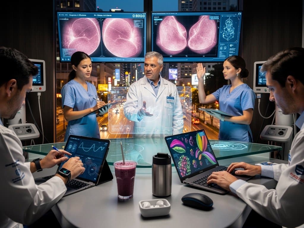 Clínica high-tech com telas IA de saúde feminina, wearables e blockchain, vista de São Paulo