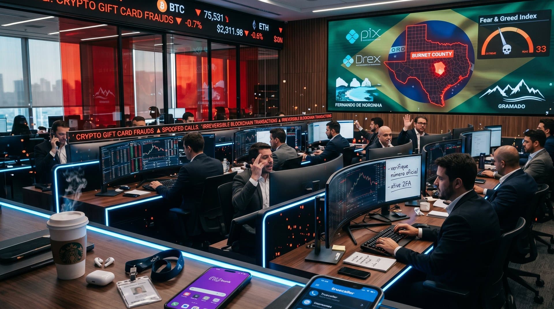 Gráficos crypto em queda e alerta de golpe cartões cripto em sala de trading com foco em dados de mercado e tensão