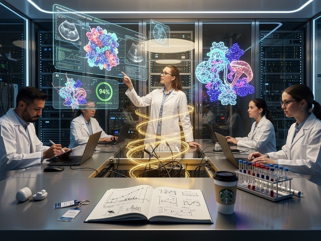 Visualizações abstratas de IA analisando imagens médicas de saúde feminina em ambiente high-tech futurista