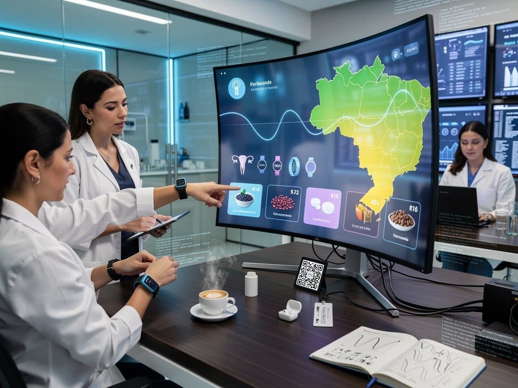 Dashboard de IA para saúde feminina com gráficos de ciclos, wearables e dados nutricionais em estilo futurista