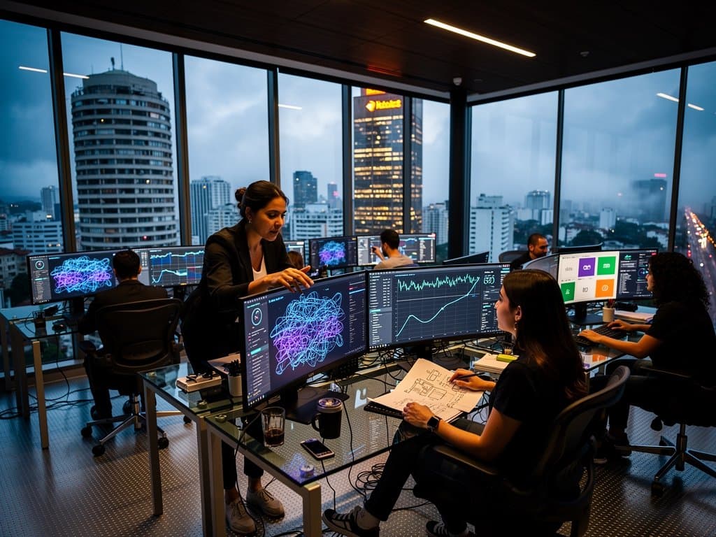 Laboratório de IA high-tech com skyline de São Paulo, monitores neurais e elementos fintech brasileiros